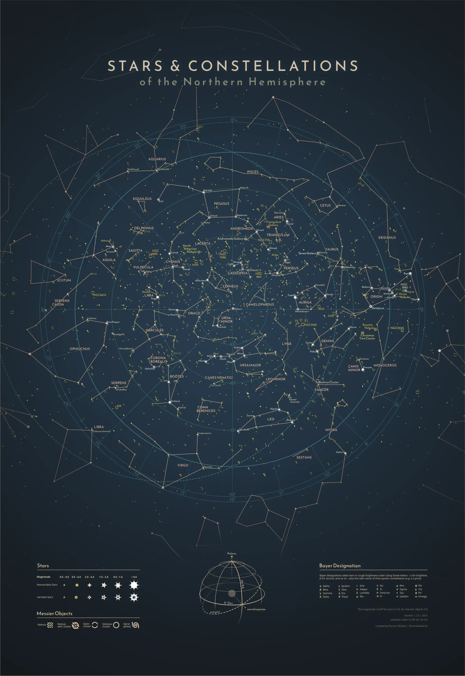 Star chart showing constellations, Messier objects, and stars by brightness across the night sky