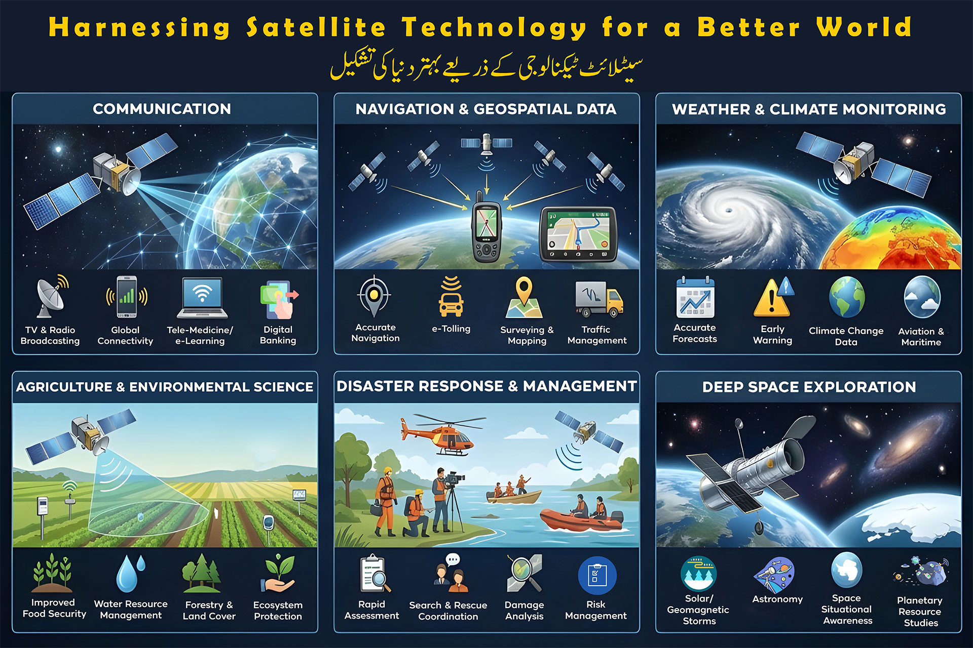 Poster illustrating satellite-enabled applications including communication, navigation, and Earth observation